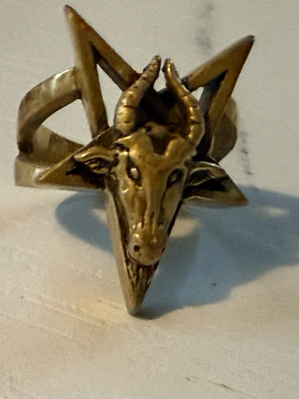 Brass Baphomet Goat Head Pentagram Ring